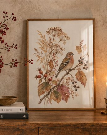 PLAKAT zięba, vintage ilustracja botaniczna, jesienna dekoracja