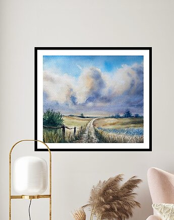 Obraz akwarelowy "Polna droga" oprawiony w passe-partout 40x50 cm