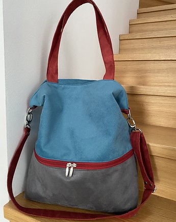 Duża torba na ramię z zapinaną kieszenią - turkus, c.szary, bordo
