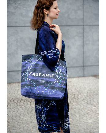 Zestaw TORBA + organizaer granatowy, print OCEAN (bawełna), NAWROTANKA