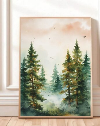 PLAKAT natura mglisty las dekoracja ścienna akwarela
