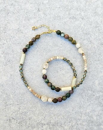 Naszyjnik N50  Apatyt, agat indyjski, kamień słoneczny, Ag925, Trawelerka