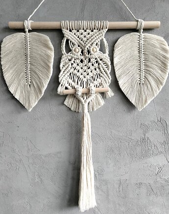 Sowa Makrama z Listkami Ecru Duża Dekoracja Boho na Ścianę 60x60 cm