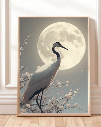 PLAKAT żuraw, japońska sztuka ścienna, księżyc ilustracja, sakura, japandi