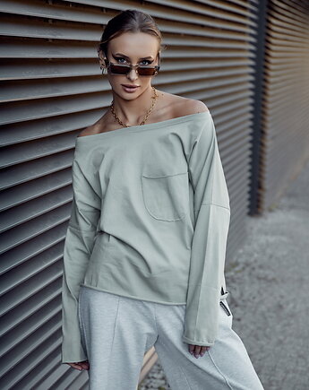 Koszulka longsleeve Z KIESZONKĄ bawełniana pistacja