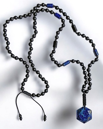 PREMIUM: naszyjnik męski supełkowany : LAPIS LAZULI, onyks, turmalin, kaktusia