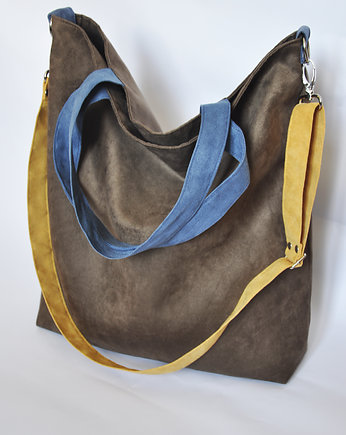 TORBA HOBO XXL - brąz, niebieski, żółty