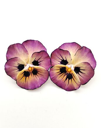 Kolczyki bratki żółte fioletowe wiszące handmade, kwiaty z gliny polimerowej