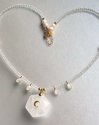 Unikatowy Choker kryształ górsk, kamień księżycowy, perła słodkowodna, KEIT