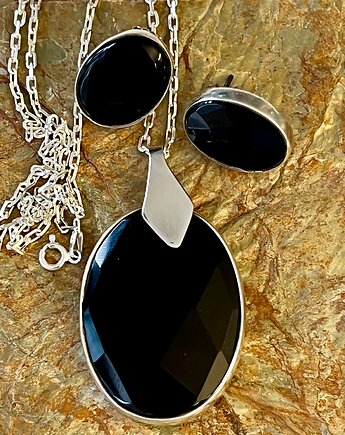 KOMPLET SREBRNY Z ONYKSEM - zawieszka, łańcuszek, kolczyki - VINTAGE, Ade Art