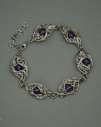 Bransoletka regulowana fioletowy ametyst wire wrapping