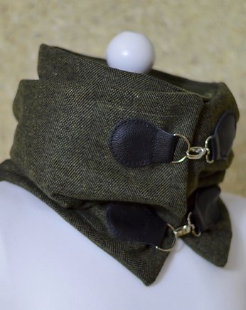 Szal wełniany ze skórą, Komin Unisex - Oliwka