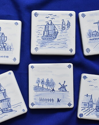 Podkładki pod kubki kafelki marynistyczne wiatraki holenderskie, Kobaltowa Sroka