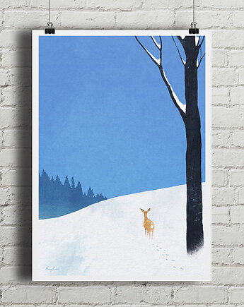 Zima w lesie / Sarna na śniegu - plakat fine art