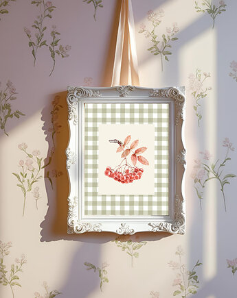 PLAKAT botaniczny, jarzębina grafika, rysunek kratka