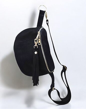 Duża czarna nerka saszetka z frędzlami. Skóra zamszowa, UNIQUE HandMade