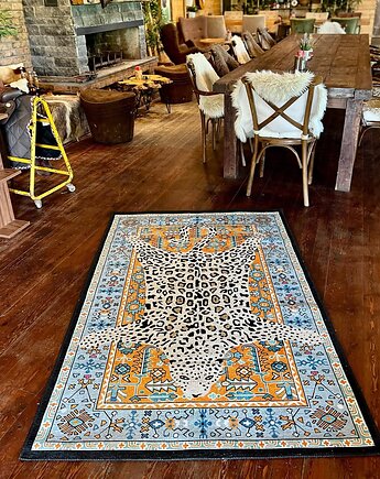 Dywan Vintage w Panterę Śnieżną Błękitny Unikat 120x180 cm Safari