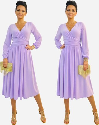 Elegancka kotajlowa sukienka midi lawendowa draperia r 36-56