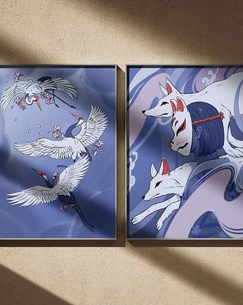 Zestaw plakatów japońskich "Kitsune i Żurawie"