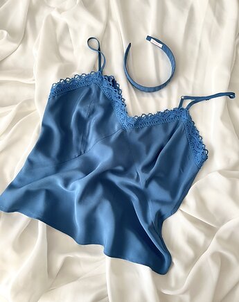 Jedwabny top z koronką i regulowanymi ramiączkami Blue