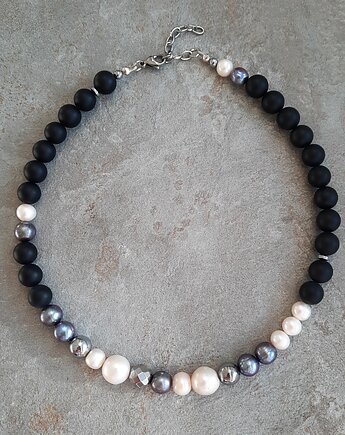 Naszyjnik z perłami, czarny onyks, srebrny hematyt, asymetryczny, talizman, Pani Endorfina