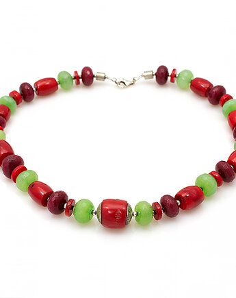 Unikatowy naszyjnik z dużymi kamieniami koral i jadeit srebro 925, Yamira Art Studio