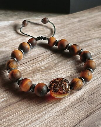 BURSZTYN, tygrysie oko UNIKAT unikatowa bransoletka M-XL, kaktusia