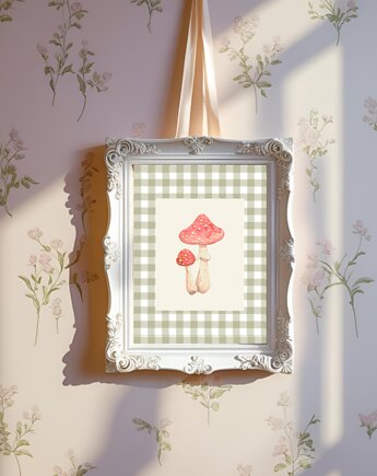PLAKAT botaniczny grzyb, muchomor grafika, rysunek kratka