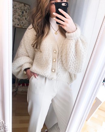 Moherowy lekki kardigan z ozdobnymi guzikami jedwab alpaka handmade