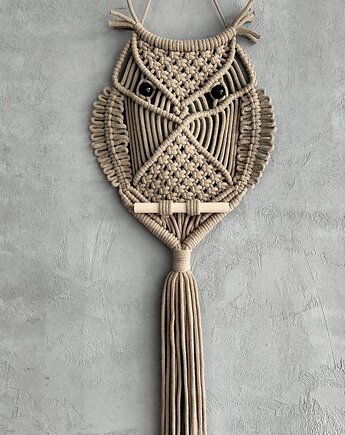 Sowa Makrama Cappuccino Ciemny Beż Elegancka Dekoracja na Ścianę 80 cm