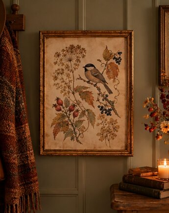 PLAKAT sikorka, vintage ilustracja botaniczna, jesienna dekoracja