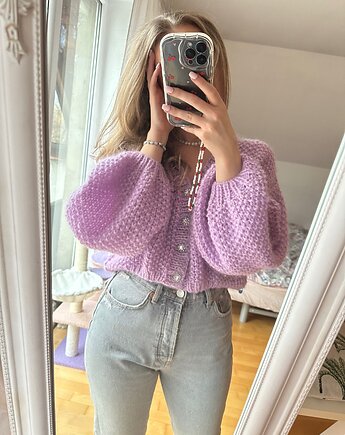 Moherowy kardigan mgiełka z ozdobnymi biżuteryjnymi guzikami handmade