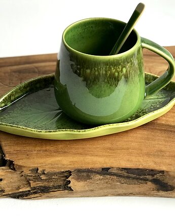 Zielony kubek ceramiczny  z talerzykiem  LIŚĆ