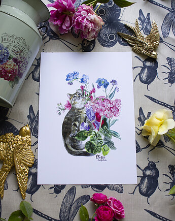 Plakat Kot w Pelargoniach