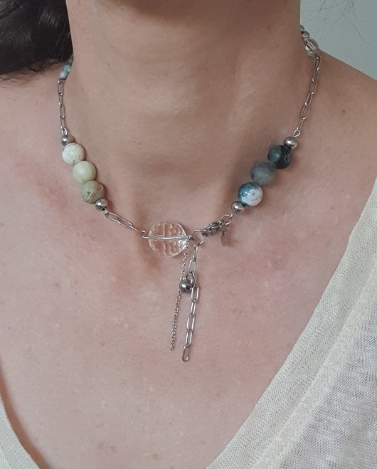 chokery Naszyjnik FANABERIA łańcuchy, kulki kryształ górski, zielenie